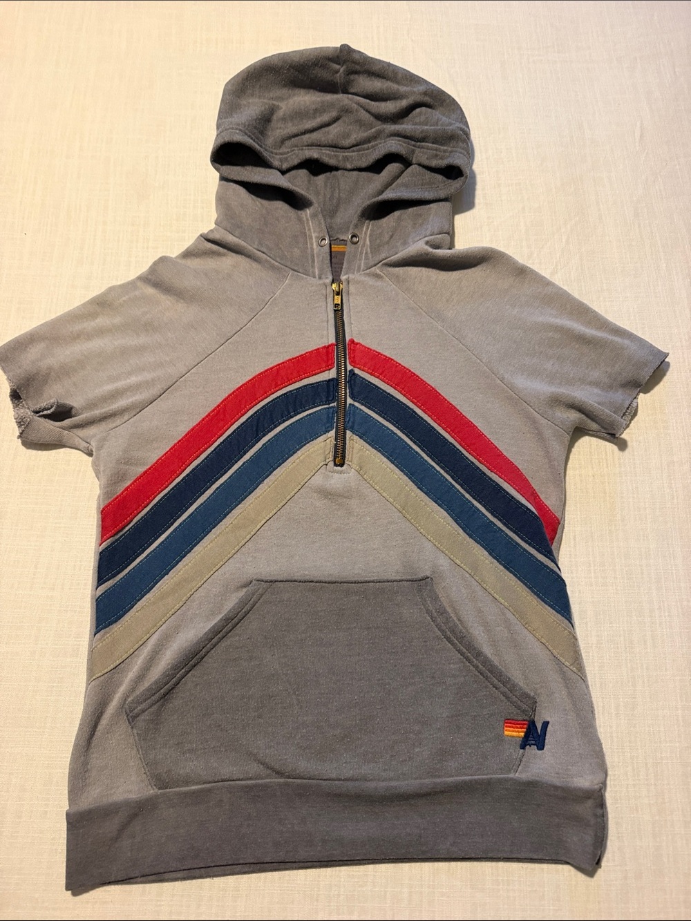 Aviator Nation Hooded Short-Sleeve Pullover with Chevron Stripes - Gray/Red/Blue